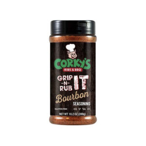 Corky’s BBQ Grip-N-Rub It Bourbon Seasoning bottle – bourbon-flavored dry rub”