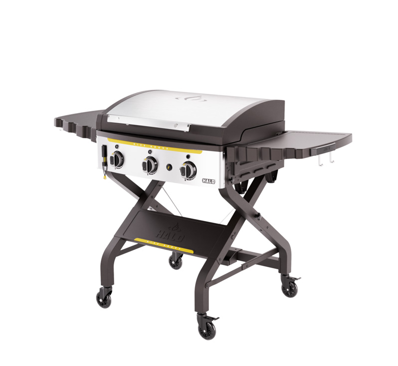HALO Elite3B Outdoor Griddle with lid closed, 3-burner cart and six cooking zones