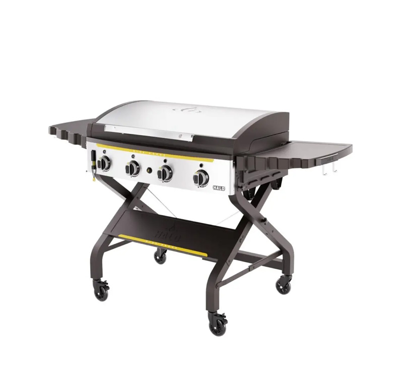 HALO Elite4B Outdoor Griddle with lid closed, four-burner cart and eight cooking zones