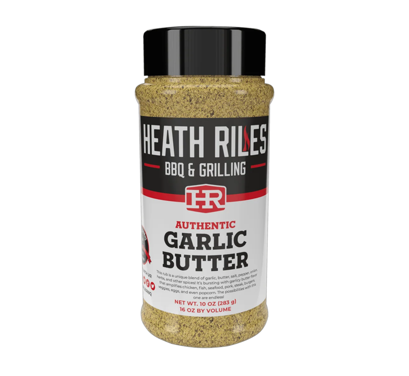 Heath Riles Garlic Butter Rub bottle with seasoning label