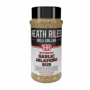 Heath Riles Garlic Jalapeño Rub bottle with seasoning label