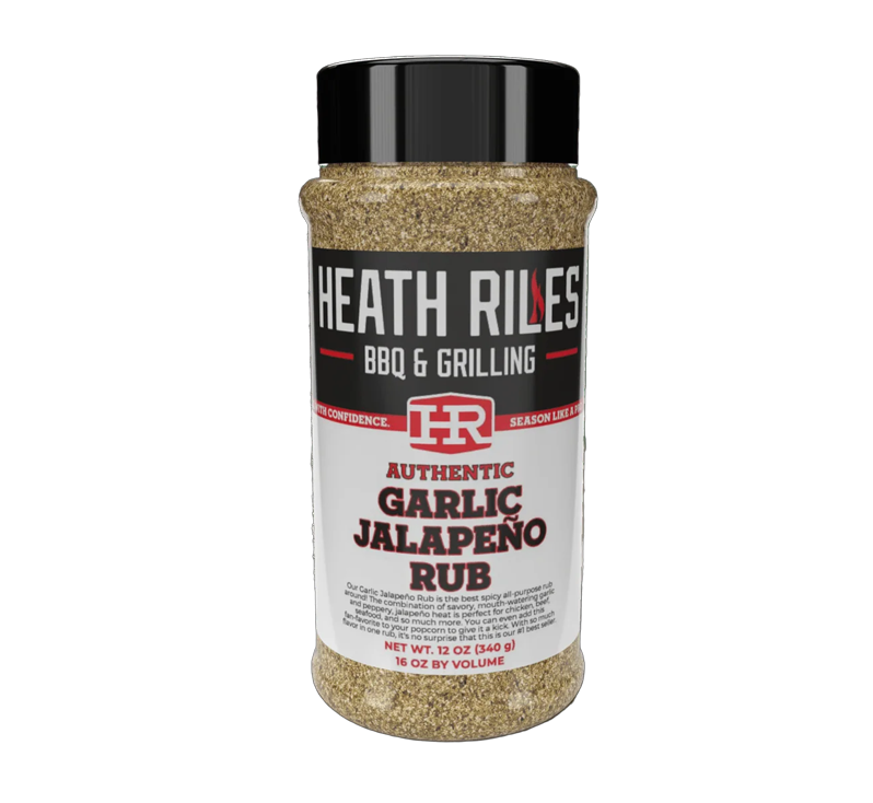 Heath Riles Garlic Jalapeño Rub bottle with seasoning label