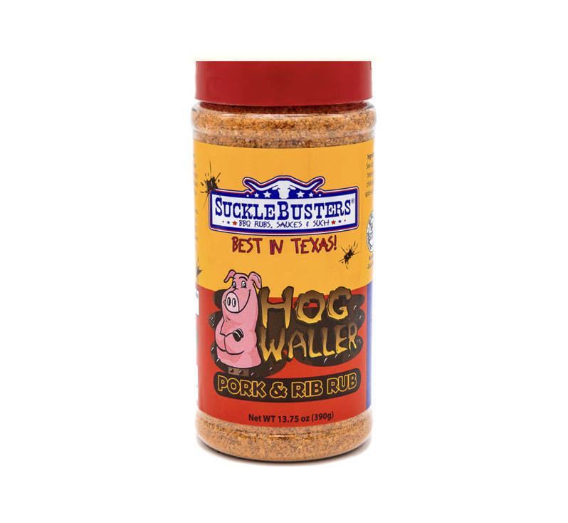 Jar of SuckleBusters Hog Waller Pork Rub with label and coarse rub granules visible