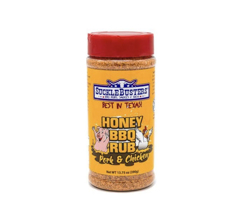 Jar of SuckleBusters Honey BBQ Rub with visible seasoning granules of sugar and spices