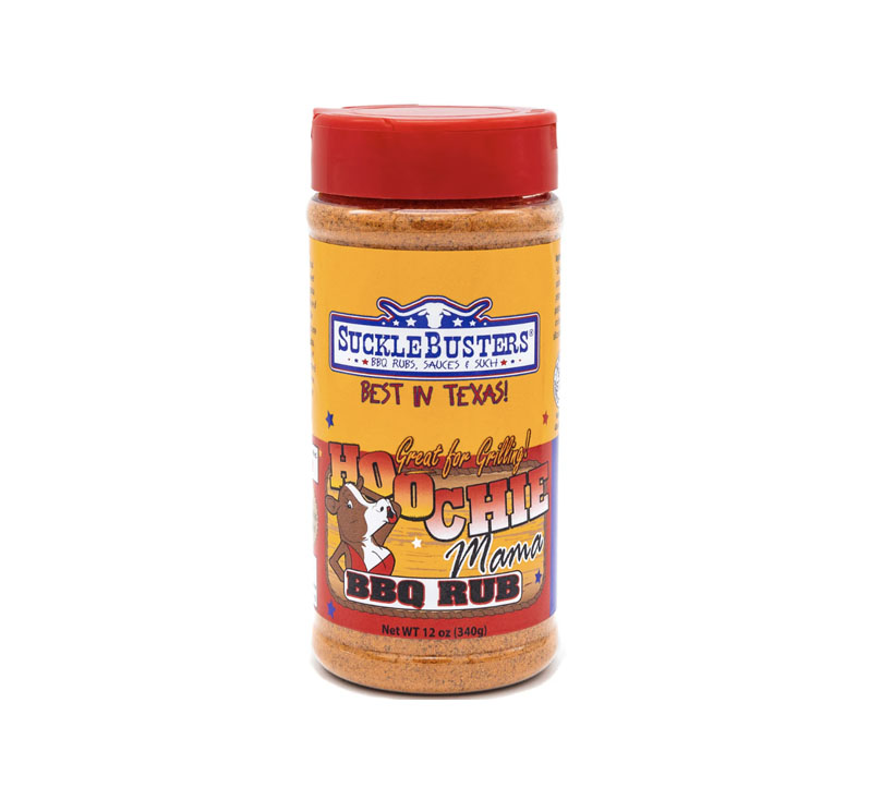 Jar of SuckleBusters Hoochie Mama BBQ Rub with visible reddish seasoning granules