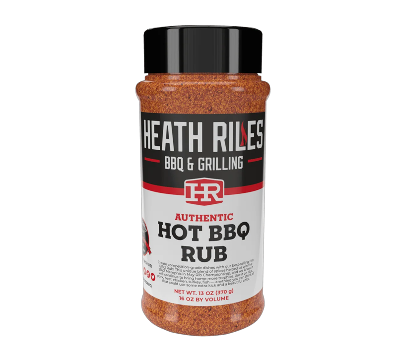 Heath Riles Hot BBQ Rub bottle with red label