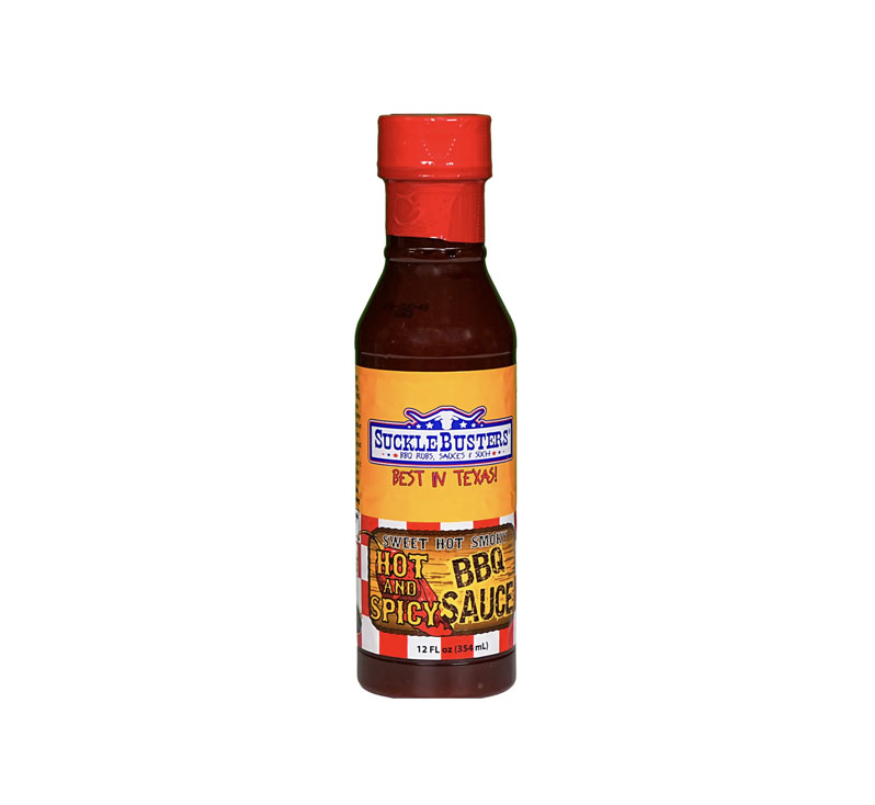 Bottle of SuckleBusters Hot & Spicy BBQ Sauce 12 oz with label and rich dark red sauce visible