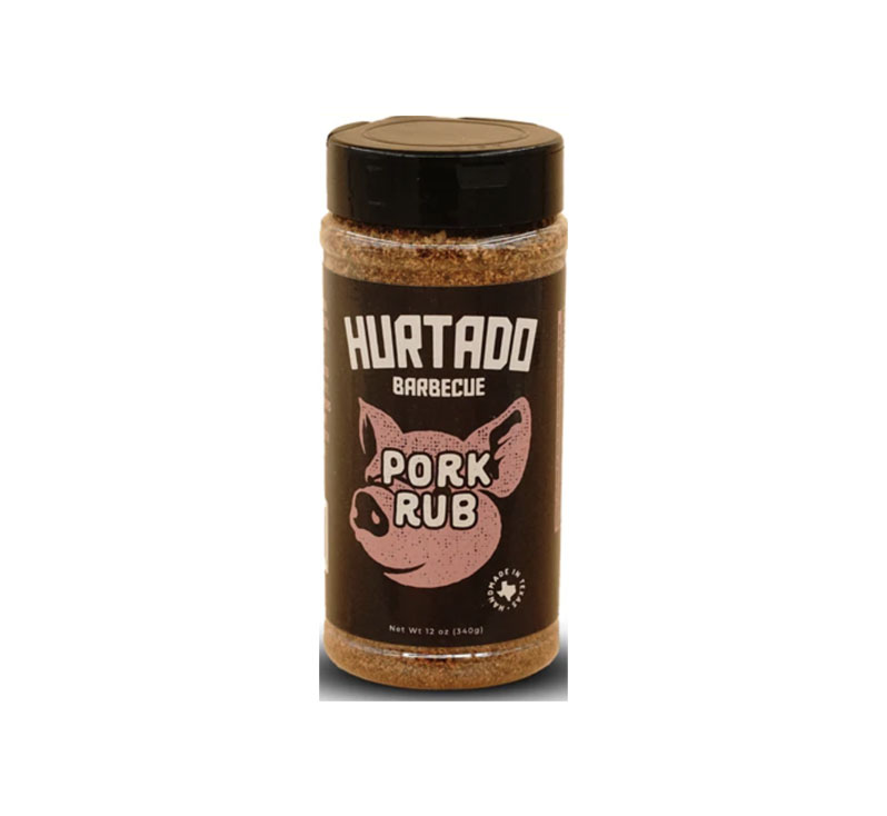 Hurtado Pork Rub 12-oz shaker bottle with red BBQ seasoning visible