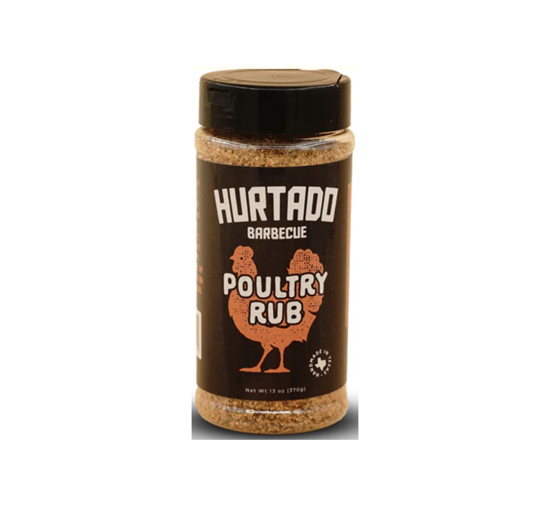 Hurtado Poultry Rub 12-oz shaker with paprika- and herb-speckled seasoning