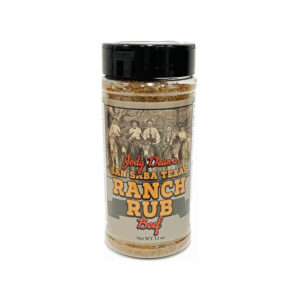 12 oz shaker of Jody Dean’s Ranch Rub showing black pepper and brown sugar blend