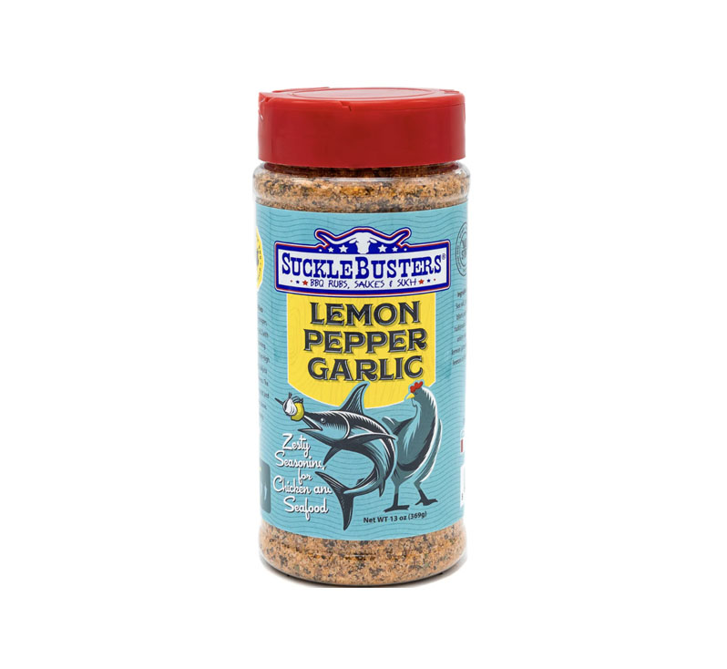 Lemon Pepper Garlic seasoning jar with visible lemon zest, pepper and garlic granules
