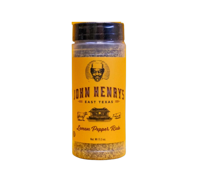John Henry’s Lemon Pepper Rub bottle front label with citrus and pepper visuals