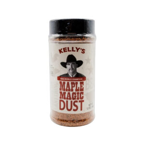 Bottle of Maple Magic Dust seasoning with pork chops