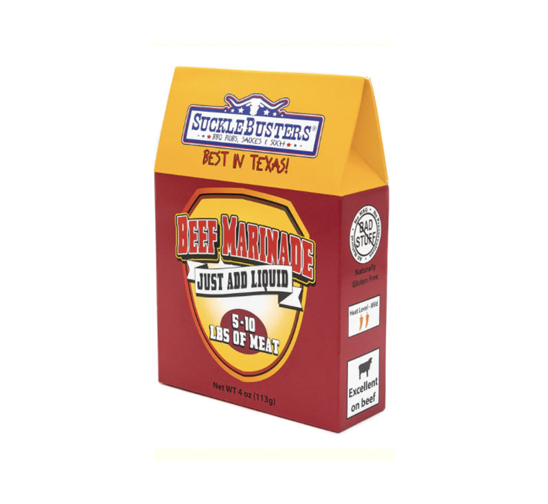 Packet of SuckleBusters Marinade for Beef showing seasoning mix and packet label