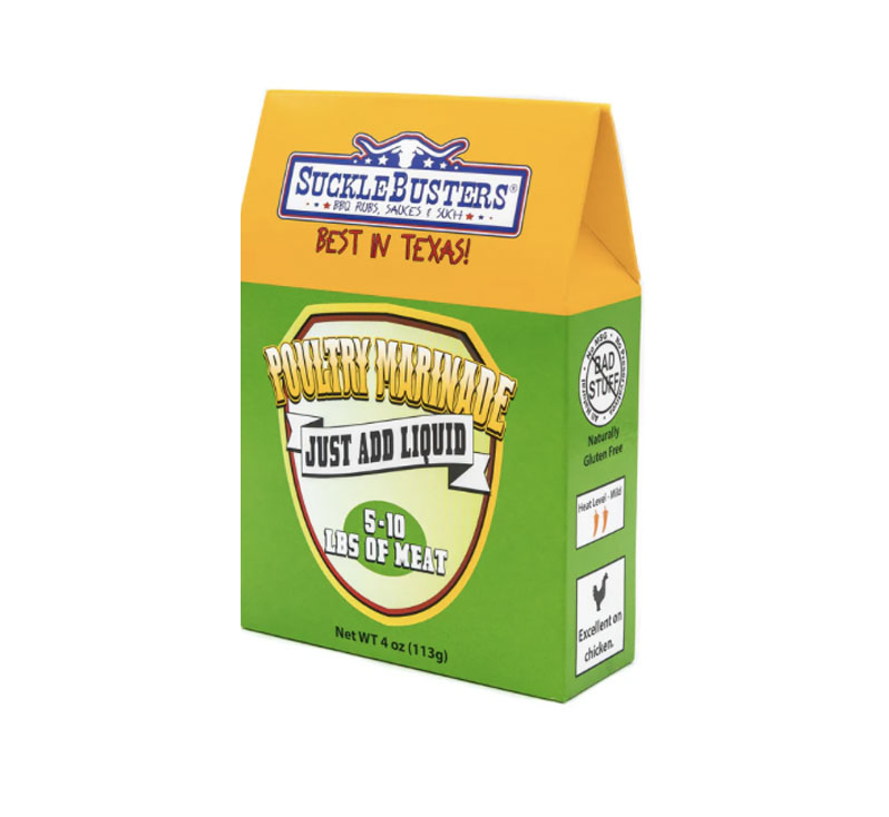 Packet of SuckleBusters Poultry Marinade with seasoning visible and label showing poultry usage