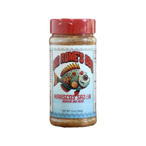 Jar of Big Rome’s Mariscos Sazón seasoning rub on a kitchen counter