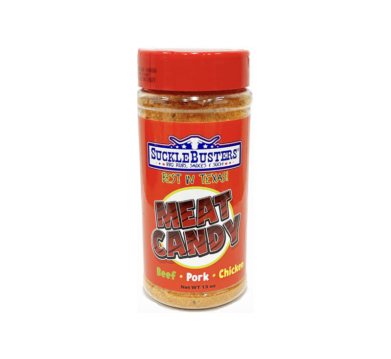 Jar of SuckleBusters Meat Candy BBQ Rub showing bright red seasoning granules