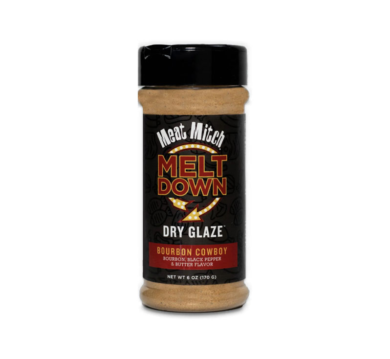 Meltdown Dry Glaze Bourbon Cowboy seasoning bottle front label