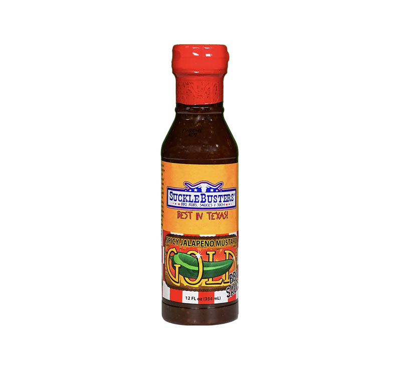 Bottle of SuckleBusters Mustard BBQ Sauce 12 oz showing label and thick mustard-yellow sauce