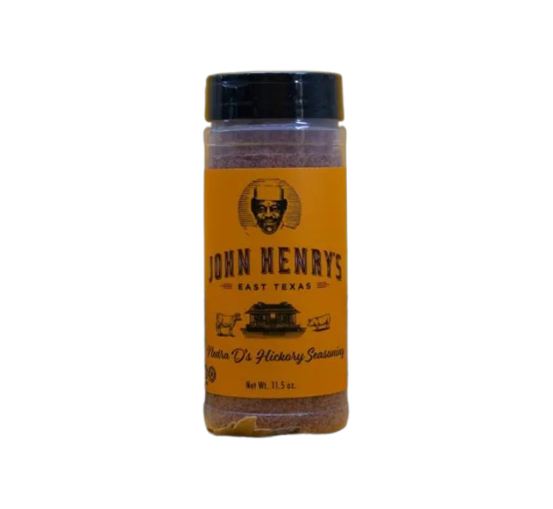 John Henry’s Nedra D’s Hickory Seasoning bottle front label showing classic barbecue styling and hickory wood-smoke imagery