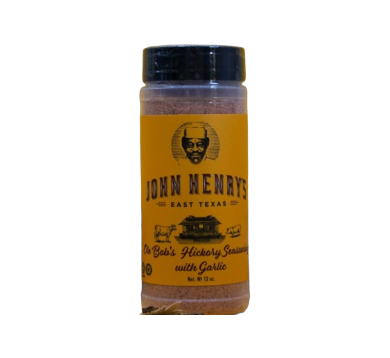 John Henry’s Ole Bob’s Hickory with Garlic Rub bottle front label showing hickory wood and garlic imagery
