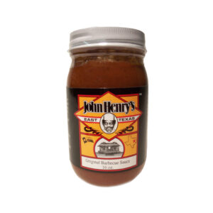 John Henry’s Original BBQ Sauce 16 oz jar with label showing East Texas BBQ heritage