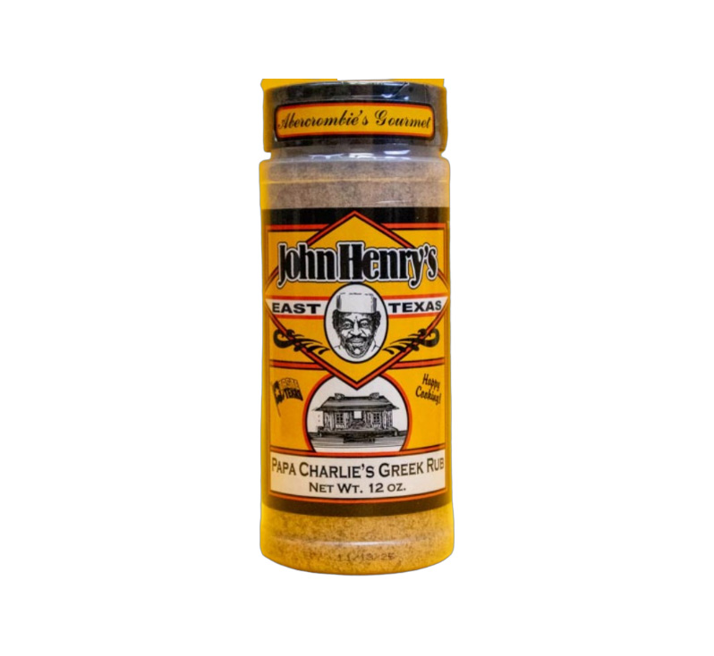 John Henry’s Papa Charlie’s Greek Rub bottle showing Greek-style herb seasoning label