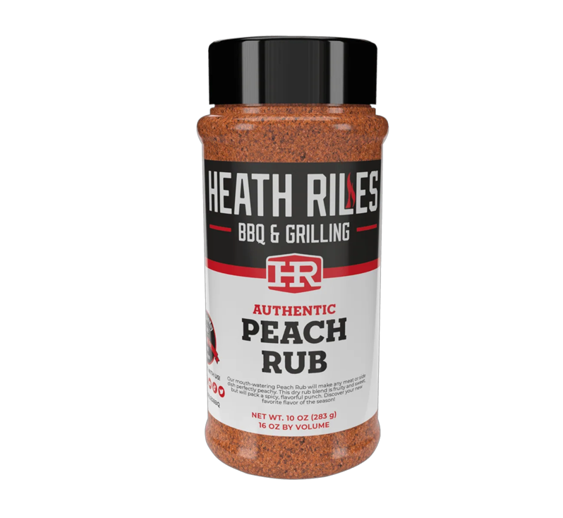 Heath Riles Peach Rub bottle with peach-themed label