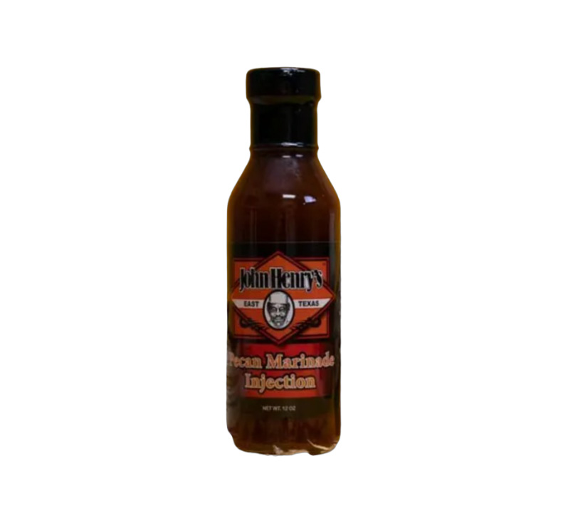 John Henry’s Pecan Marinade Injection 12 oz bottle with pecan-nut and BBQ flavor branding