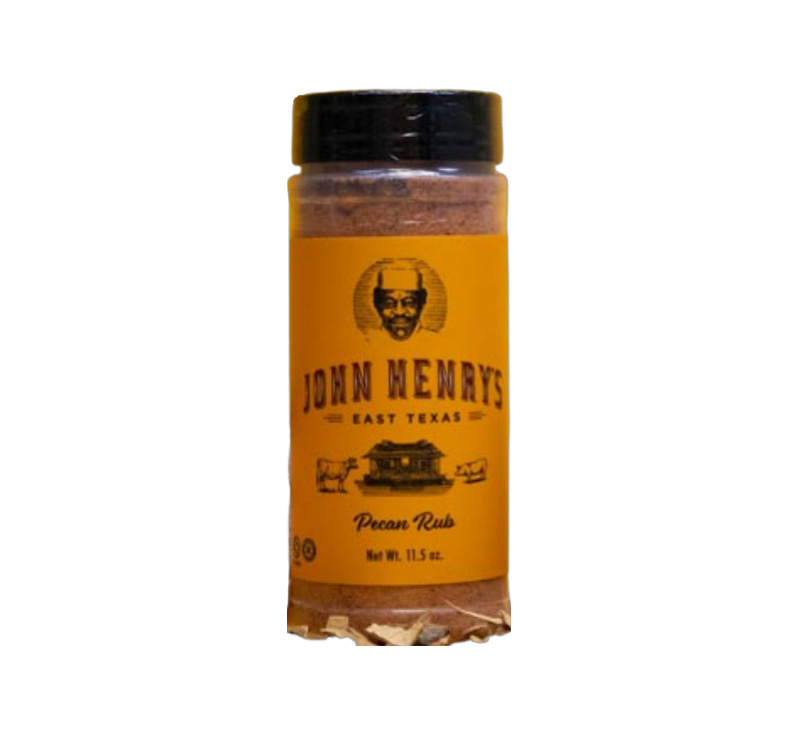 John Henry’s Pecan Rub bottle front label – sweet pecan wood seasoning for BBQ