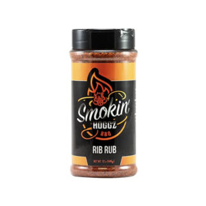 12 oz shaker bottle of Smokin’ Hoggz Rib Rub with label visible
