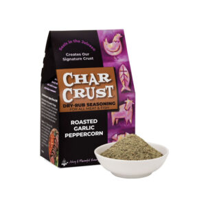 “Char Crust Roasted Garlic Peppercorn seasoning box with bold flavor label”