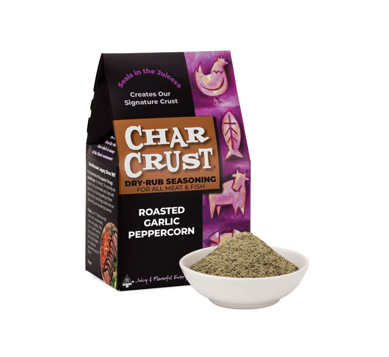 “Char Crust Roasted Garlic Peppercorn seasoning box with bold flavor label”