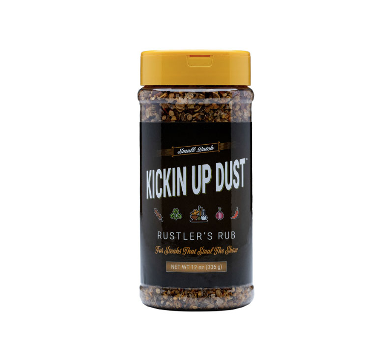 “Kickin Up Dust Rustler’s Rub bottle of western-style BBQ seasoning”