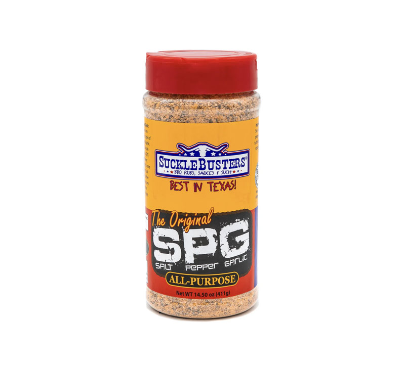 ar of SuckleBusters SPG All-Purpose Seasoning showing salt, pepper and garlic blend