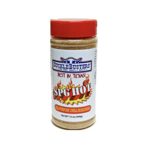 Jar of SuckleBusters SPG Hot Seasoning with visible coarse salt, black pepper and red pepper flakes