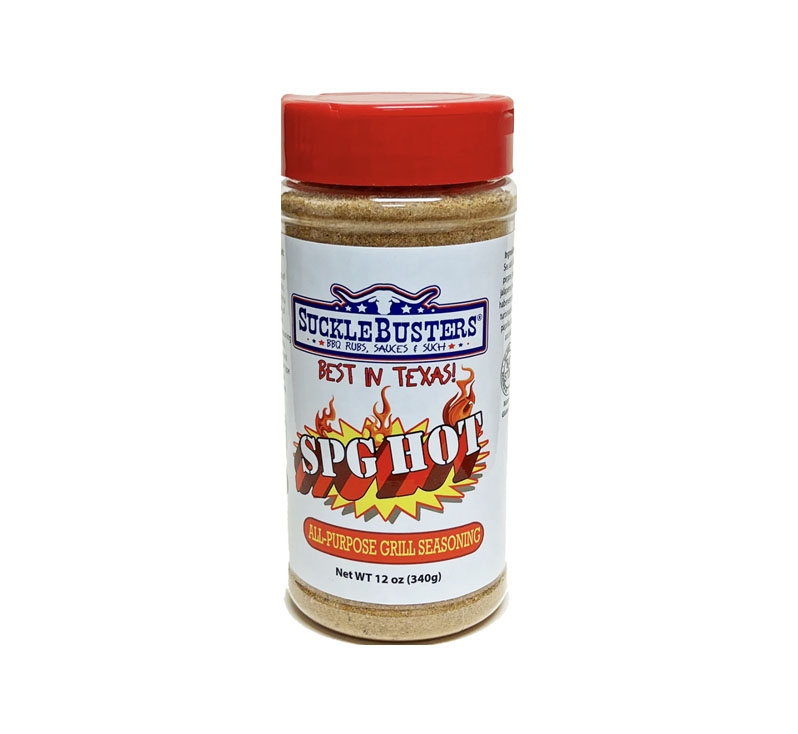 Jar of SuckleBusters SPG Hot Seasoning with visible coarse salt, black pepper and red pepper flakes
