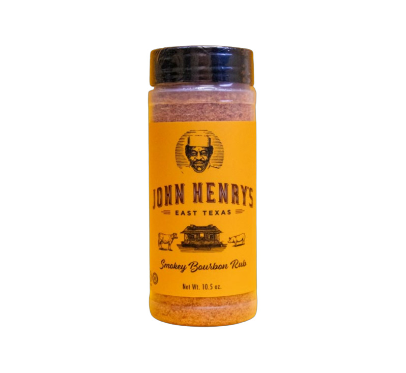 John Henry’s Smokey Bourbon Rub bottle front label showing bourbon-smoke BBQ seasoning