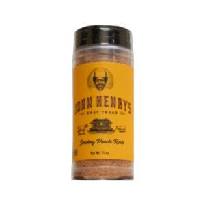John Henry’s Smokey Peach Rub bottle front label showing peach-smoke BBQ seasoning
