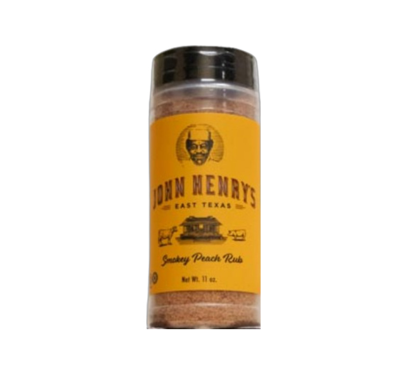 John Henry’s Smokey Peach Rub bottle front label showing peach-smoke BBQ seasoning