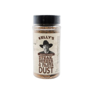 Bottle of Steak, Burger & Fajita Dust seasoning beside grilled steak