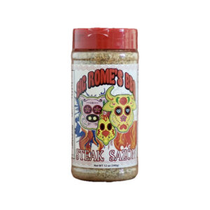 Jar of Big Rome’s Steak Sazon seasoning rub on wooden surface