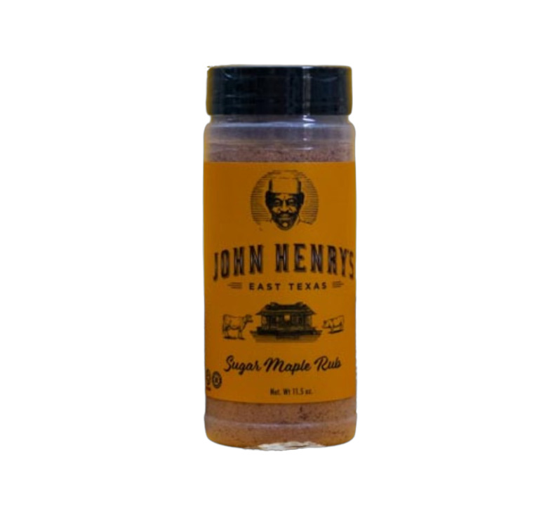 John Henry’s Sugar Maple Rub bottle front label showing “Sugar Maple” flavor and smoked wood imagery