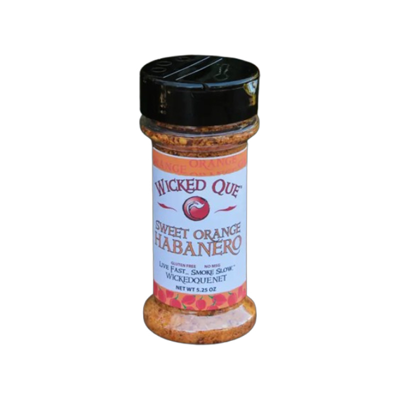 Wicked Que Sweet Orange Habanero Rub 5 oz shaker front label