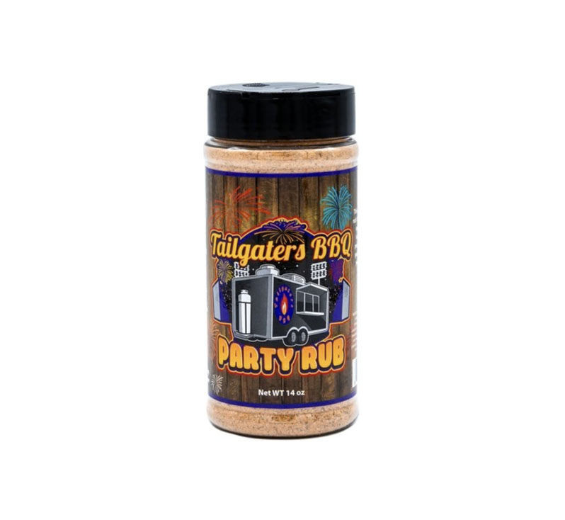 Jar of SuckleBusters Tailgaters Party Rub showing seasoning granules and label