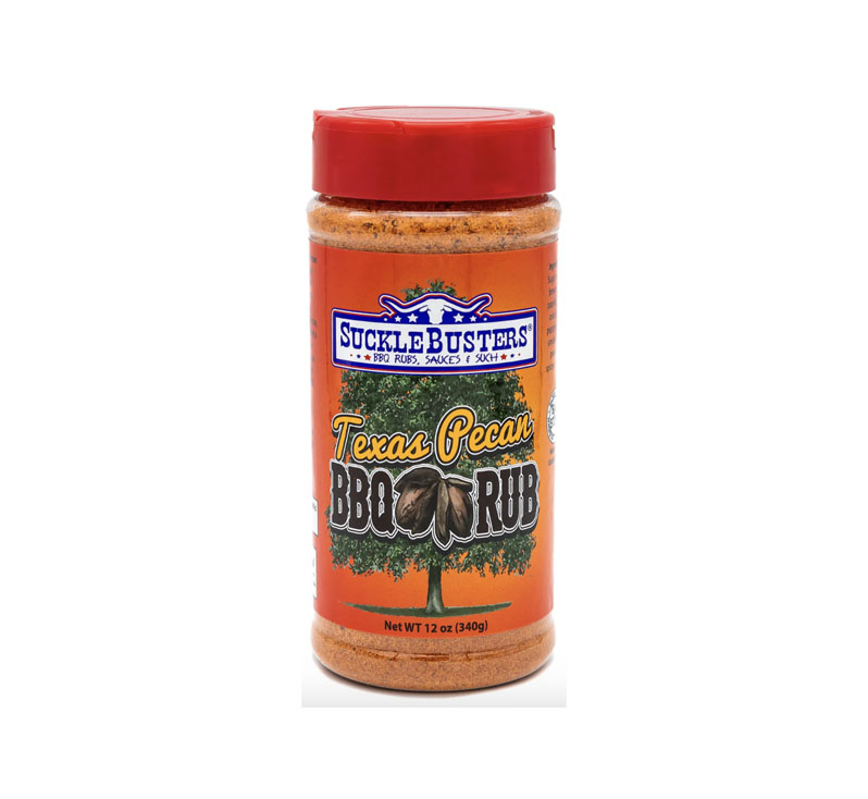 Jar of SuckleBusters Texas Pecan BBQ Rub with pecan and spice blend visible