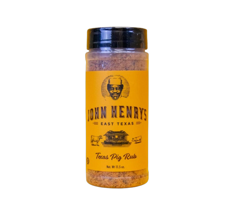 John Henry’s Texas Pig Rub 11.5 oz bottle front label showing pork-focused seasoning for ribs and shoulders