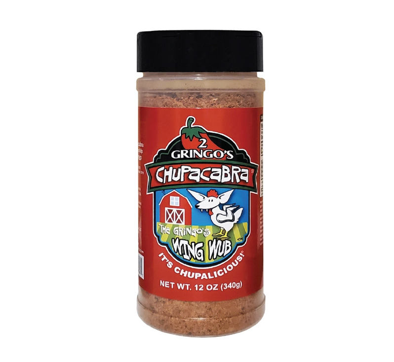 “2 Gringos Chupacabra Wing Wub seasoning bottle”