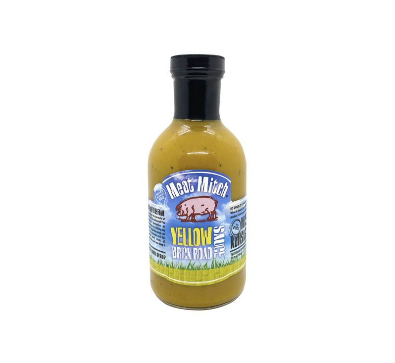 “Yellow Brick Road Sauce bottle with golden mustard-style BBQ label”