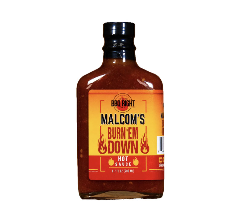 “Malcom’s Burn ’Em Down Hot Sauce 6.7 oz bottle front label”